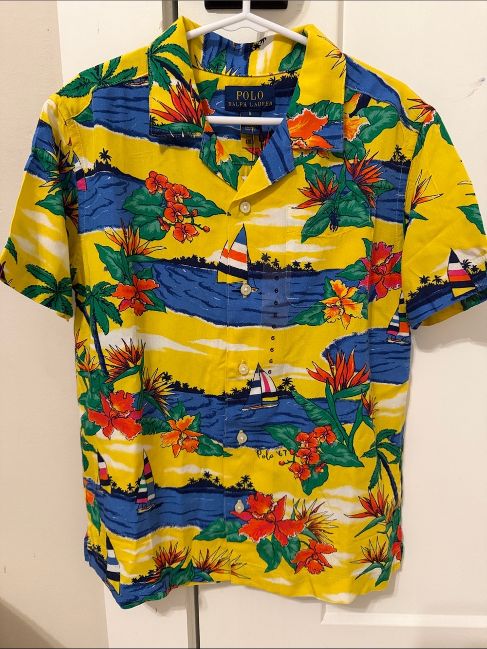 Polo by Ralph Lauren Yellow Tropical Print Hawaiian Shirt with Blue Accents